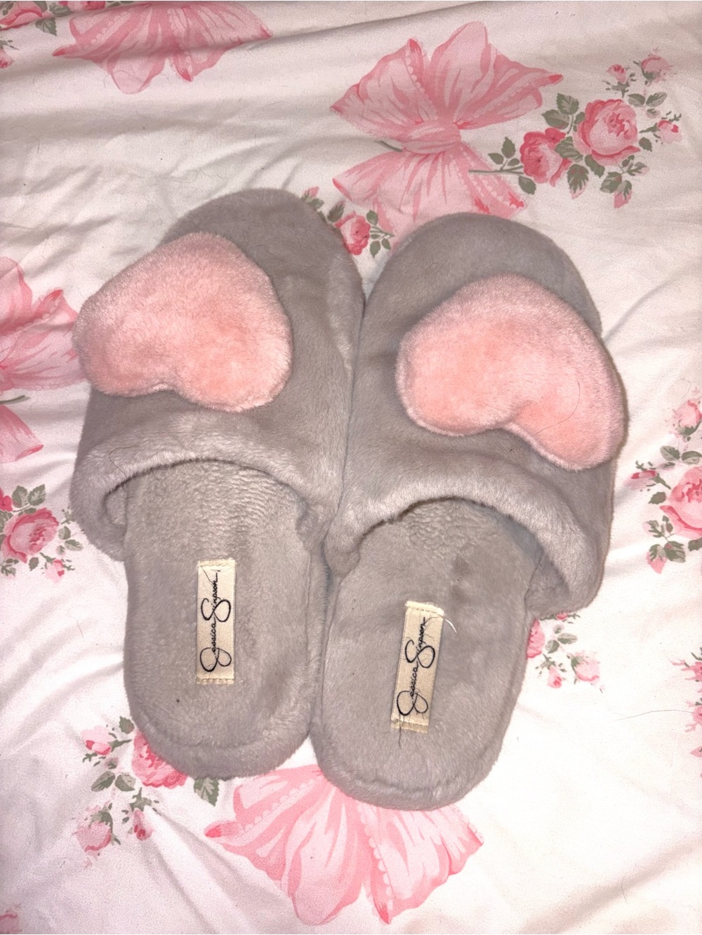 Gray Plush Slide Slippers with Pink Heart Accent